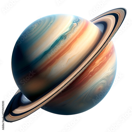 Stunning image of a ringed planet resembling Saturn, showcasing its colorful bands, gaseous atmosphere, and elegant rings against a white background. Perfect for astronomy, space, and science themes.