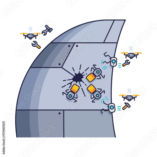 Robots and drones repair a damaged metallic structure with tools.