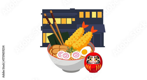 Japanese Ramen with Tempura, Chopsticks, and a Daruma Doll Illustration