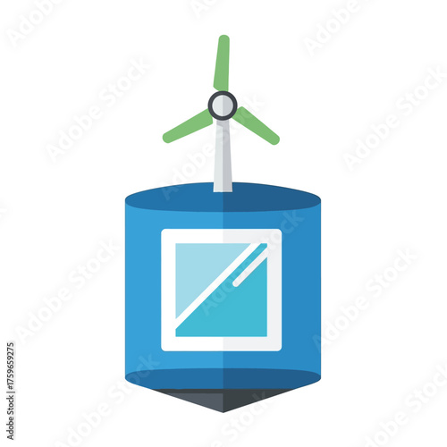 A cartoon wind turbine atop a blue geometric structure.