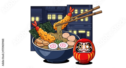 Vibrant Japanese Ramen Bowl Illustration with Crispy Tempura and Traditional Daruma Doll at Night