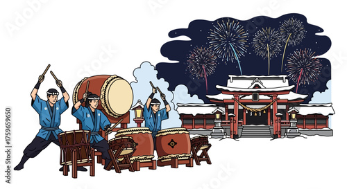 Energetic taiko drummers perform at a vibrant Japanese winter festival, with a snow-covered shrine and a dazzling fireworks display