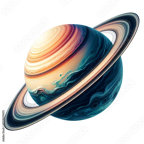 Stunning image of a ringed planet resembling Saturn, showcasing its colorful bands, gaseous atmosphere, and elegant rings against a white background. Perfect for astronomy, space, and science themes.