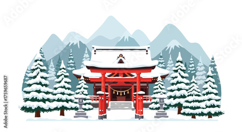 Flat design vector art of a sacred Shinto shrine in a peaceful, snowy mountain forest during winter