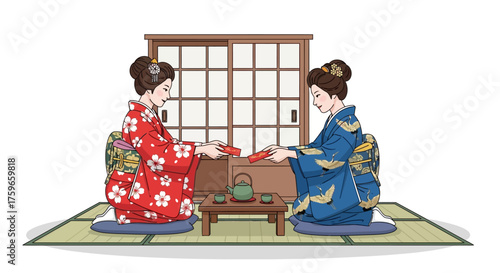 Two women in traditional Japanese kimonos sharing a cup of tea during a ceremony