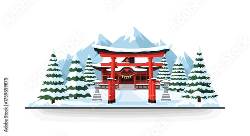 Japanese shrine in snowy landscape with Torii gate, mountains, and winter trees illustration