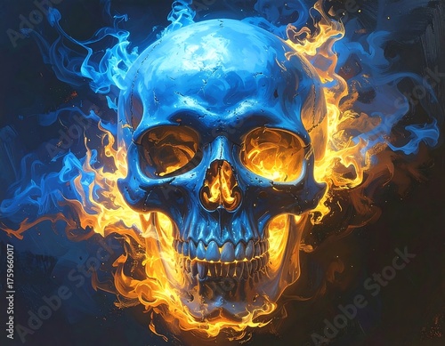 A skull, blue and fiery, with orange flames emanating outwards