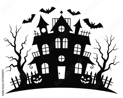 Haunted mansion silhouette vector illustration with bats and pumpkins for spooky halloween designs eps silhouette vector illustration white background