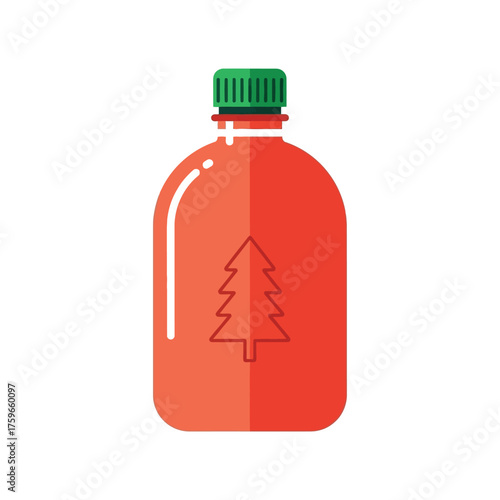 A red bottle with a green cap and a tree .