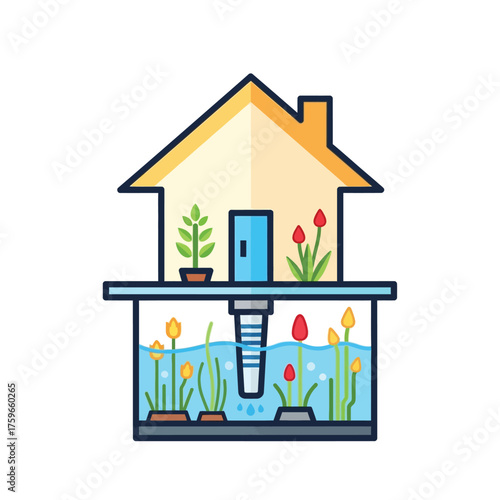 A house with an integrated hydroponic system and aquarium.