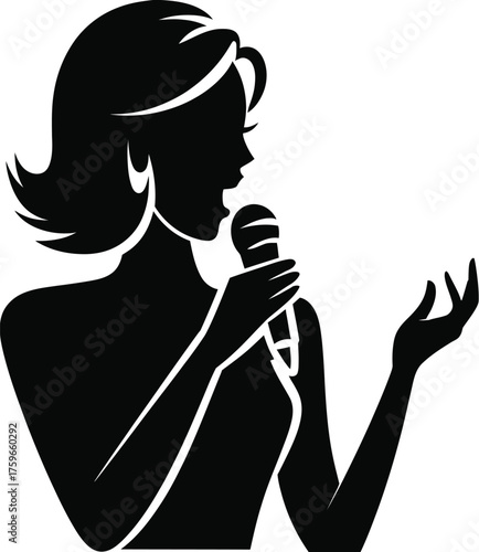 Elegant female singer silhouette vector illustration performing with microphone in dynamic pose silhouette vector illustration white background