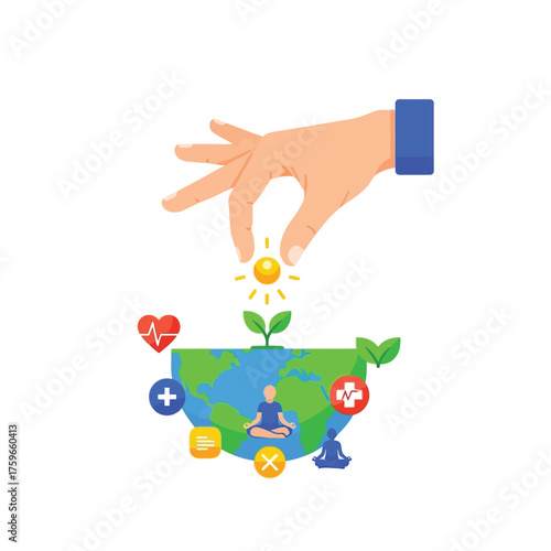 of hand nurturing growth on a half-earth with health icons.