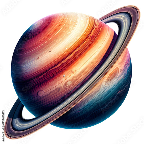 Stunning image of a ringed planet resembling Saturn, showcasing its colorful bands, gaseous atmosphere, and elegant rings against a white background. Perfect for astronomy, space, and science themes.