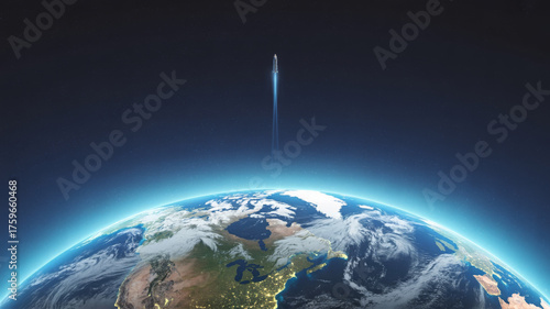 Rocket launching from earth into the starry night sky satellite