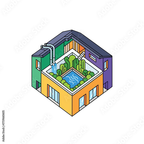 Isometric view of a house with a central courtyard containing a pool and plants.