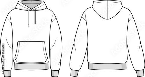 Hooded sweatshirt front and back view, kangaroo pocket, drawstring hood, ribbed cuffs hem, plain casual wear, cad drawing flat vector illustration