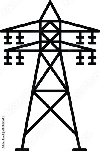 Minimalist black and white line drawing of a high voltage electrical transmission tower vector icon silhouette vector illustration white background