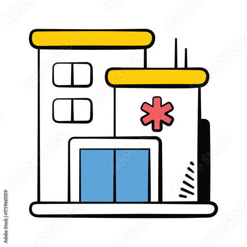 Hand drawn icon of hospital building isolated on white background
