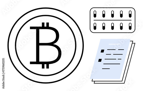 Bitcoin coin design, hardware wallet for secure storage, and document for cryptocurrency management. Ideal for blockchain, digital investment, fintech, decentralization, crypto transactions, savings