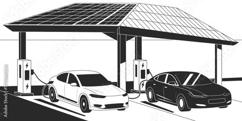 Scalable vector illustration of electric cars charging at solar powered station eps icon silhouette vector illustration white background