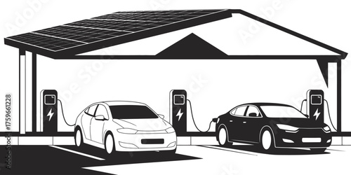 Scalable vector illustration of electric cars charging under a modern solar canopy icon silhouette vector illustration white background