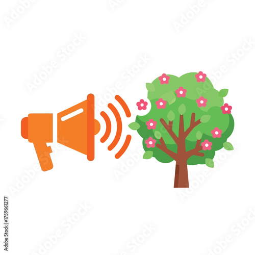 A megaphone broadcasts sound waves tods a blooming tree with pink flowers.