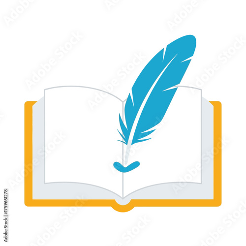 An open book with a blue feather quill dipping into it.