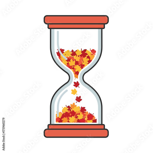 Hourglass with autumn leaves falling through it, symbolizing time passing.