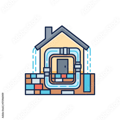 Cutaway of a house showing underground plumbing and drainage system.