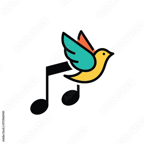 A colorful bird flies with musical notes.