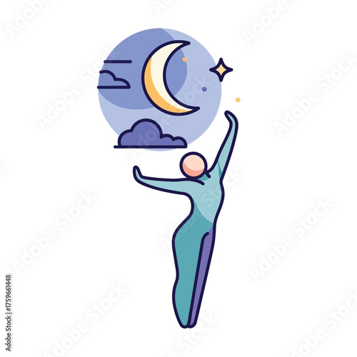 A stylized person reaching for the moon and stars at night.
