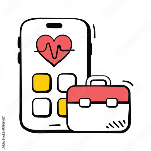 Hand drawn smartphone with health and heart icons for mobile healthcare app.