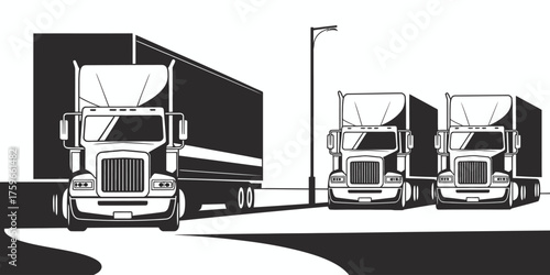 Minimalist black and white illustration of semi trucks in a lot scalable vector graphic for eps files silhouette vector illustration white background
