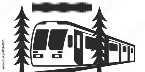 Minimalist vector illustration of a modern train traveling through a forest scene silhouette vector illustration white background