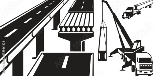 Vector illustration of highway construction scene with crane and trucks eps scalable silhouette vector illustration white background