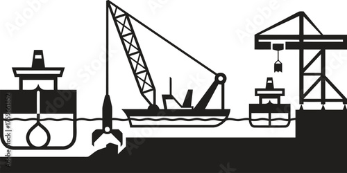 Industrial harbor scene with ships cranes and dredging equipment vector illustration scalable eps graphic silhouette vector illustration white background