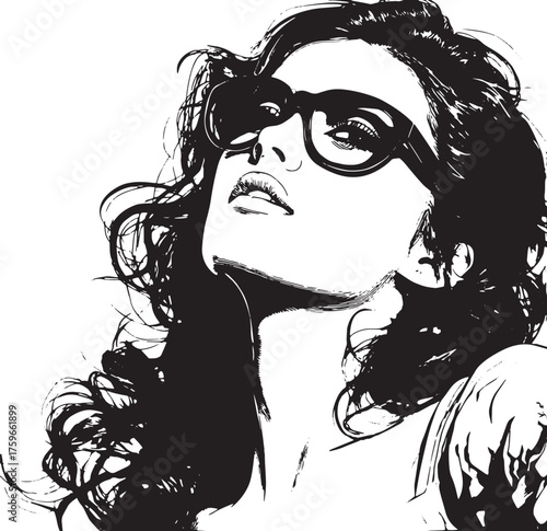 Vector art of stylish woman in sunglasses looking up black and white vector illustration of a beautiful girl