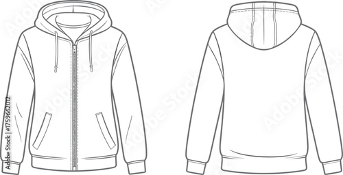 Hooded zip up sweatshirt front and back view, drawstring hood, ribbed cuffs waistband, angled pockets, cad drawing flat vector illustration