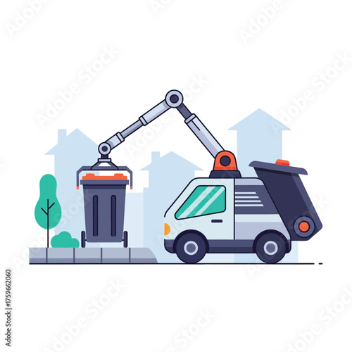 Flat of a garbage truck collecting a bin with an automated arm.