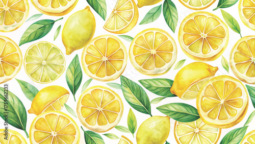 Wallpaper Mural Seamless pattern of bright yellow lemon slices hand-painted watercolor style background  Torontodigital.ca