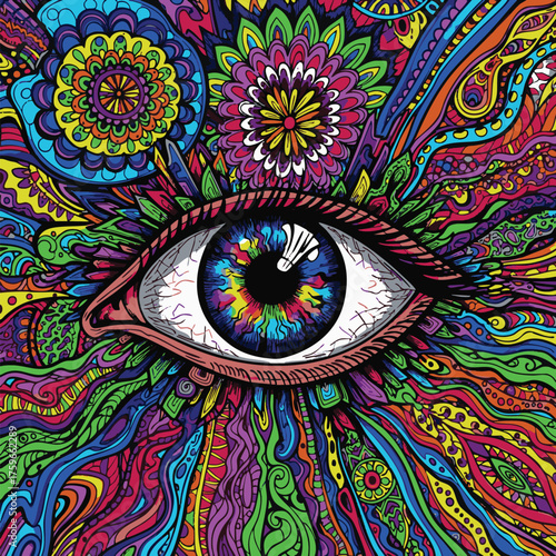 Psychedelic all-seeing eye with a vibrant rainbow iris, surrounded by intricate floral mandala patterns and abstract ornamental swirls