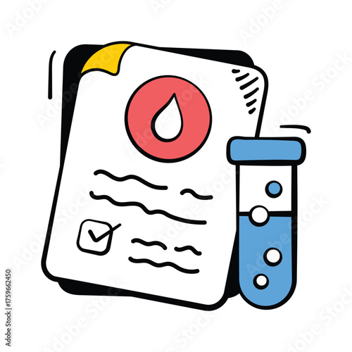 Hand drawn icon of blood report with test tube symbolizing diagnostics.