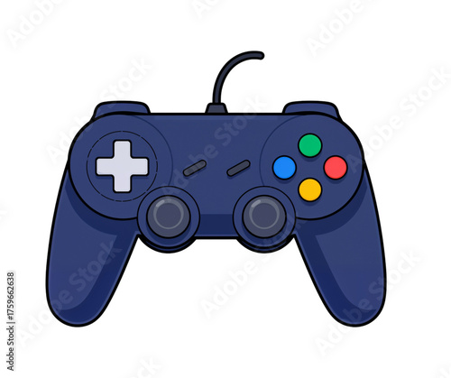 Illustration of a blue video game controller with colorful buttons and a classic design suitable