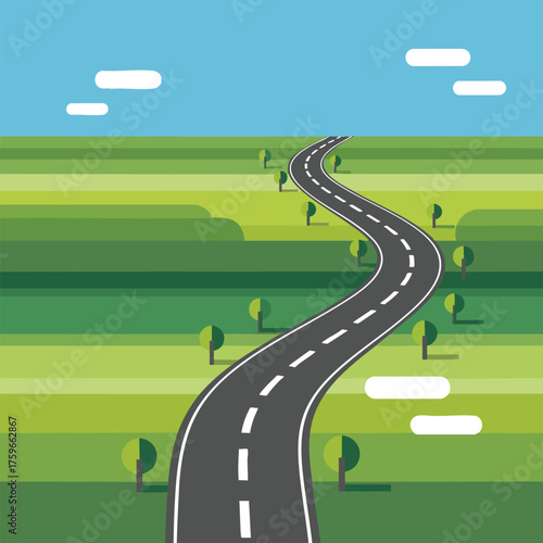 Winding Road Landscape Scenic Route Through Green Fields Under a Clear Sky