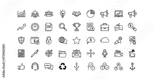 A collection of business and communication icons in black outline on a white background silhouette