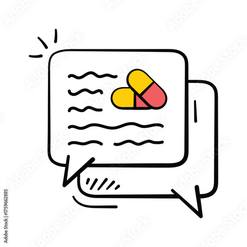 Hand drawn chat bubble with pill symbolizing online health consultation.