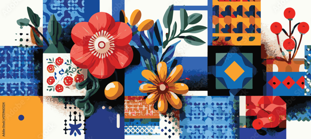 Obraz premium Vector art of a vibrant and whimsical collage of stylized flowers and geometric shapes in a modern, folkart inspired design on