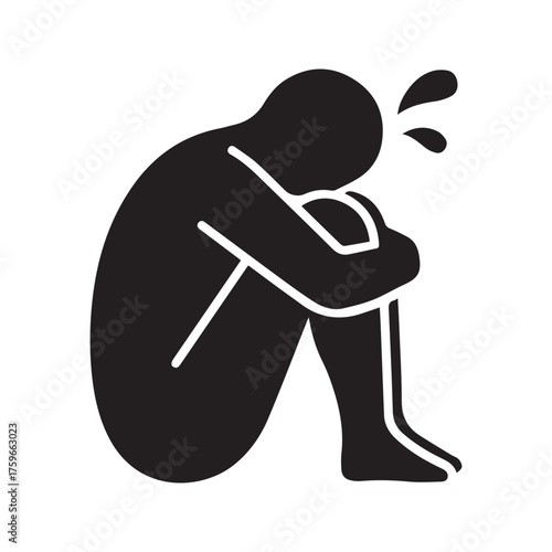 Sad Depressed Person Icon Crying in Despair. Mental Health Crisis, Grief, and Loneliness Symbol.
