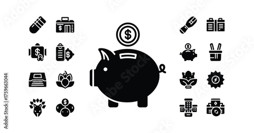 Illustration of a piggy bank with a dollar coin and various business and nature icons around silhouette