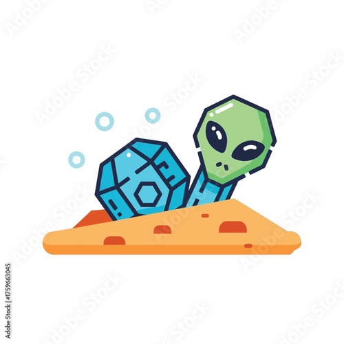 A cartoon alien peeks out from sand next to a large, blue die.